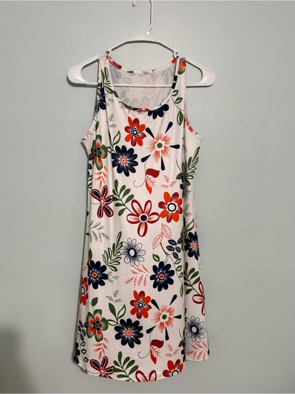 Womens' Floral Tank Dress - White with Red, Navy & Green Flowers